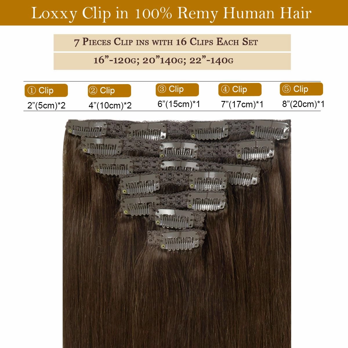 Loxxy 20Inch Clip in Hair Extensions Real Human Hair 140g 7pcs Light Dark Brown Seamless Silky Straight Clip in Hair Extensions Brazilian Remy Human Hair Clip in Extensions For Women