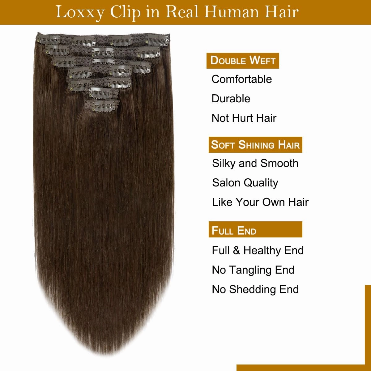 Loxxy 20Inch Clip in Hair Extensions Real Human Hair 140g 7pcs Light Dark Brown Seamless Silky Straight Clip in Hair Extensions Brazilian Remy Human Hair Clip in Extensions For Women