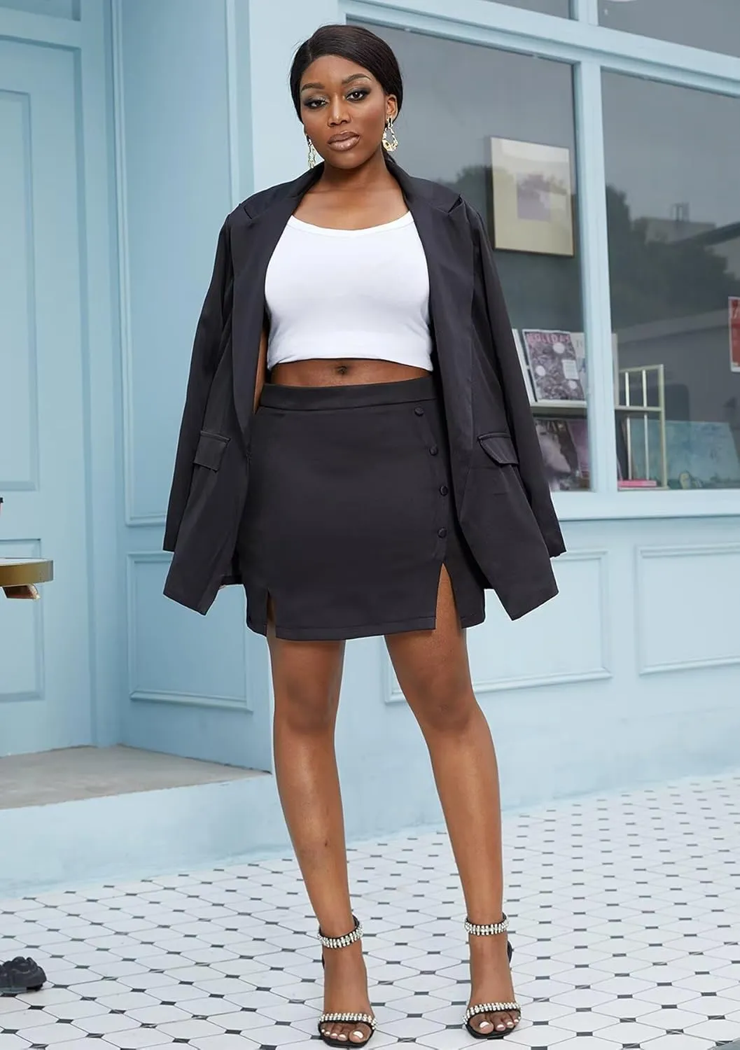 LROSEY Blazer Sets Women 2 Piece Outfits High Waisted Mini Skirt Suit Set for Casual Business Office