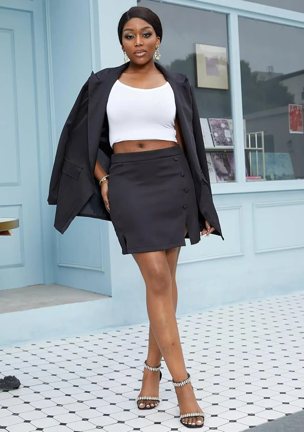 LROSEY Blazer Sets Women 2 Piece Outfits High Waisted Mini Skirt Suit Set for Casual Business Office
