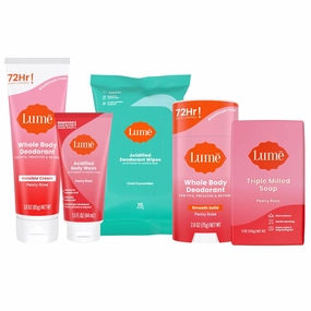 Lume Skin Care Gift Set for Women, Whole Body Deodorant Starter Pack - Smooth Solid Stick, Invisible Cream Tube, Acidified Body Wash Mini & Deodorant Wipes - Aluminum Free Odor Control (Peony Rose)