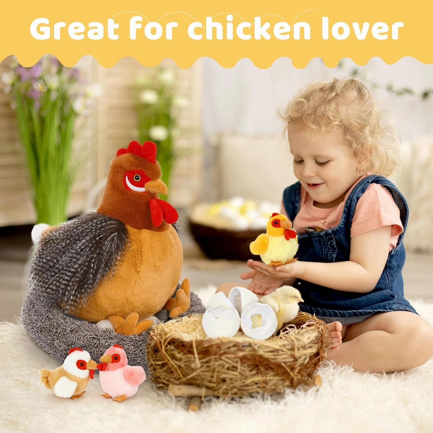 MaoGoLan 8Pcs Chicken Stuffed Animals, Stuffed Hen Plush Toys with Babies Chickens and Eggs, Nest House Plush Set, Cute and Soft Farm Stuffed Animals Gift for Kids