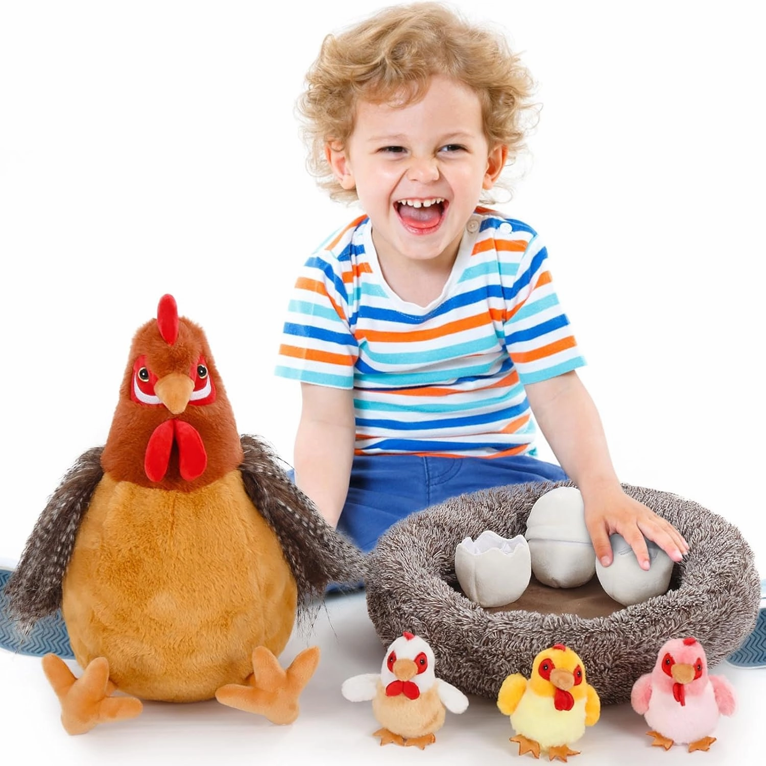 MaoGoLan 8Pcs Chicken Stuffed Animals, Stuffed Hen Plush Toys with Babies Chickens and Eggs, Nest House Plush Set, Cute and Soft Farm Stuffed Animals Gift for Kids