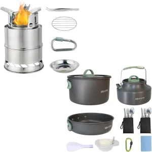 MEETSUN Camping Cookware Set with Mini Portable Wood Burning Stove,Camp Cooking Set with 1.5L Pot and Kettle, Camping Hiking Stove with BBQ Grill for Camping Hiking Survial