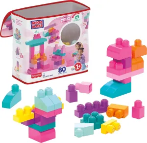 MEGA BLOKS First Builders Toddler Blocks Toys Set, Big Building Bag with 80 Pieces and Storage, Pink, Ages 1  Years