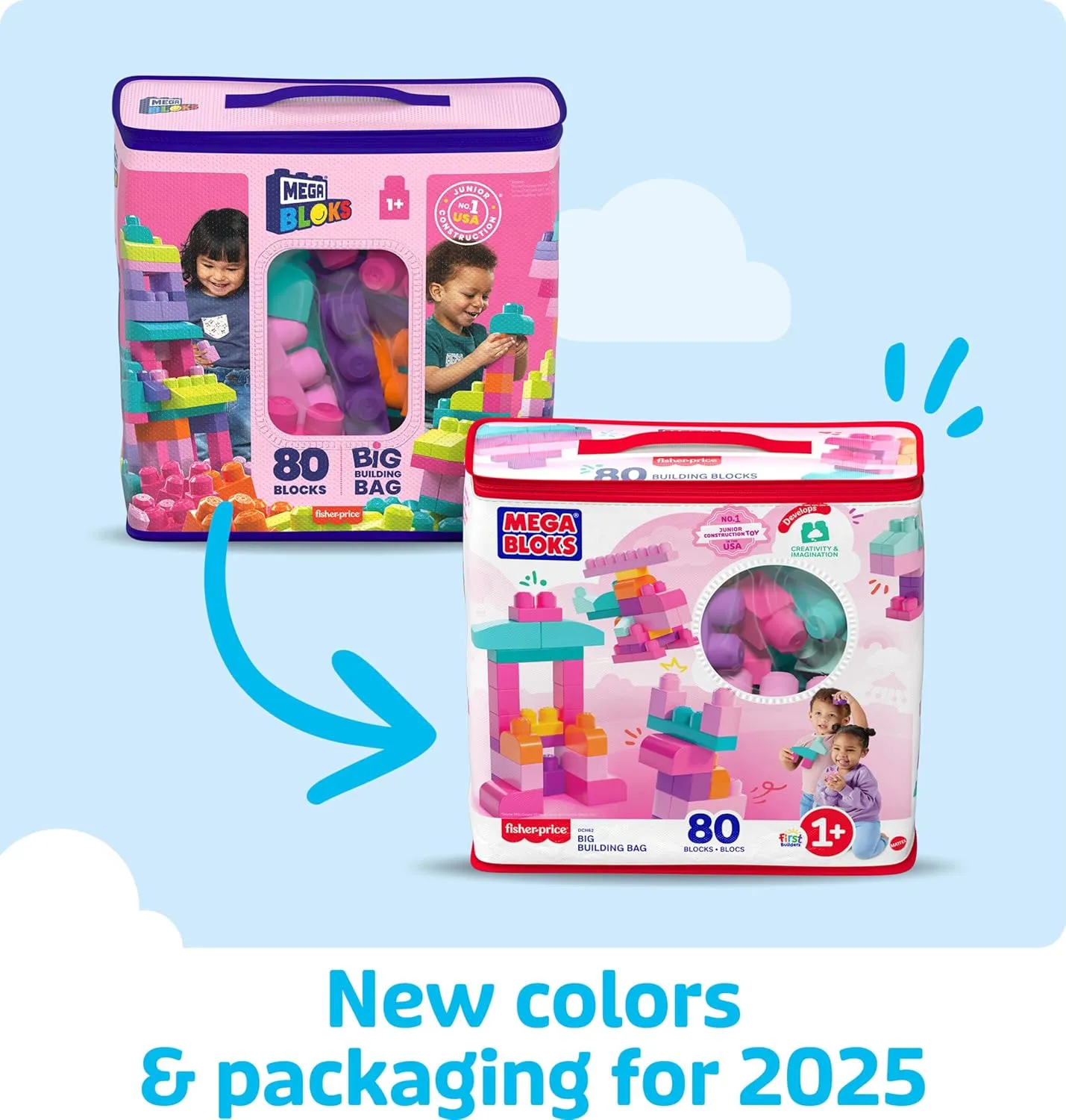 MEGA BLOKS First Builders Toddler Blocks Toys Set, Big Building Bag with 80 Pieces and Storage, Pink, Ages 1  Years