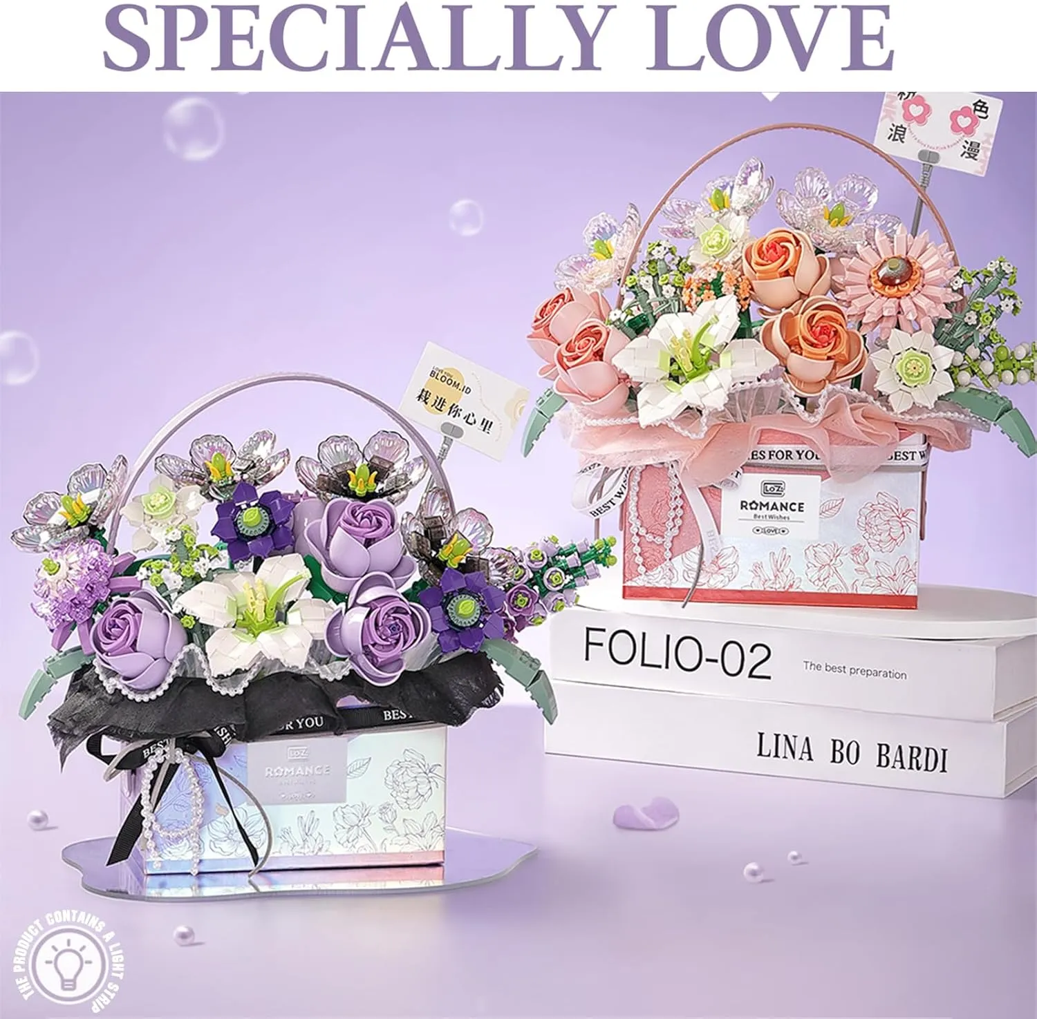 MEIEST Flower Bouquet Building Blocks Model Set,Simulation Artificial Rose Handheld Gift Box,Bonsai Plant Building Bricks Toys,Home Decor (Mist Purple)