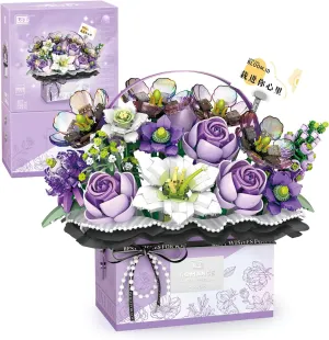 MEIEST Flower Bouquet Building Blocks Model Set,Simulation Artificial Rose Handheld Gift Box,Bonsai Plant Building Bricks Toys,Home Decor (Mist Purple)