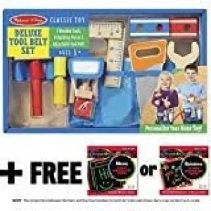Melissa & Doug Deluxe Tool Belt Wooden Play Set & 1 Scratch Art Mini-Pad Bundle (05174)