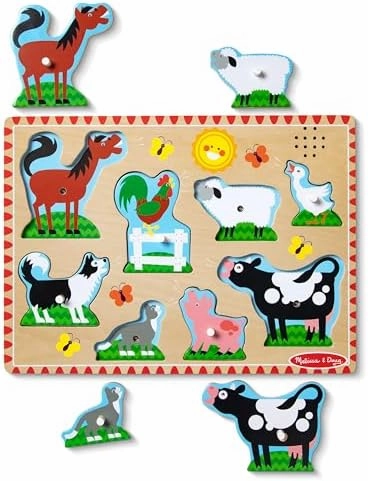 Melissa & Doug Farm Animals Sound Puzzle - Wooden Peg Puzzle With Sound Effects (8 pcs)