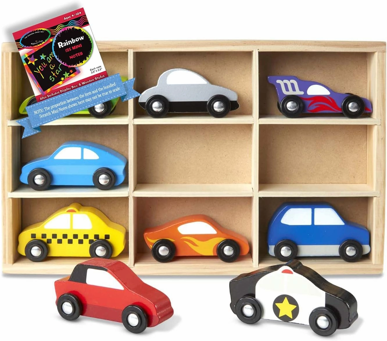 Melissa & Doug﻿ Wooden 9-Piece Cars Set Bundle with 1 Theme Compatible M&D Scratch Fun Mini-Pad (03178)