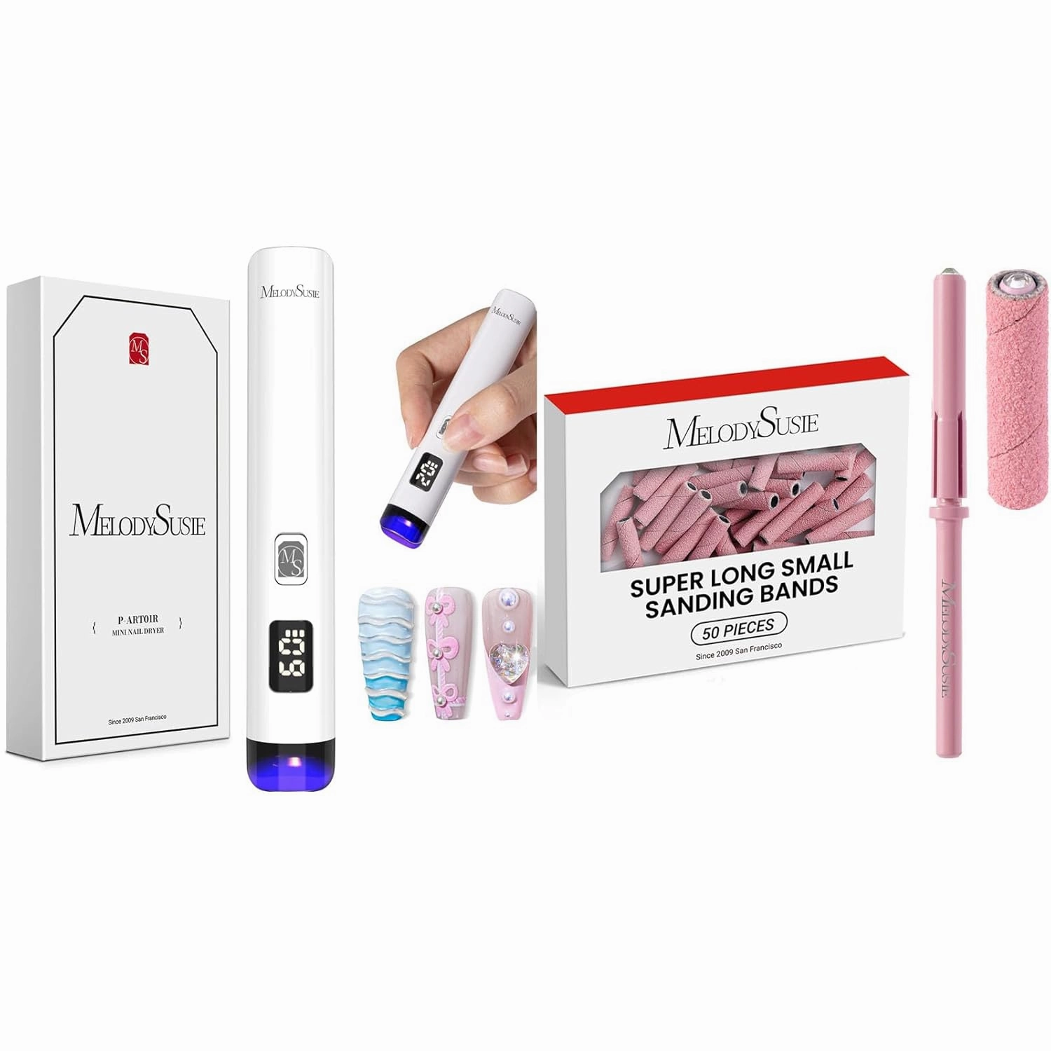 Melodysusie Handheld UV Light for Gel Nails with 50 Pcs Super Long Small Sanding Bands