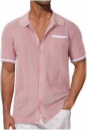 Men's Short Sleeve Knit Shirt Vintage Loose Button Down Lapel Solid Blouses Summer Casual Retro Workout Shirts