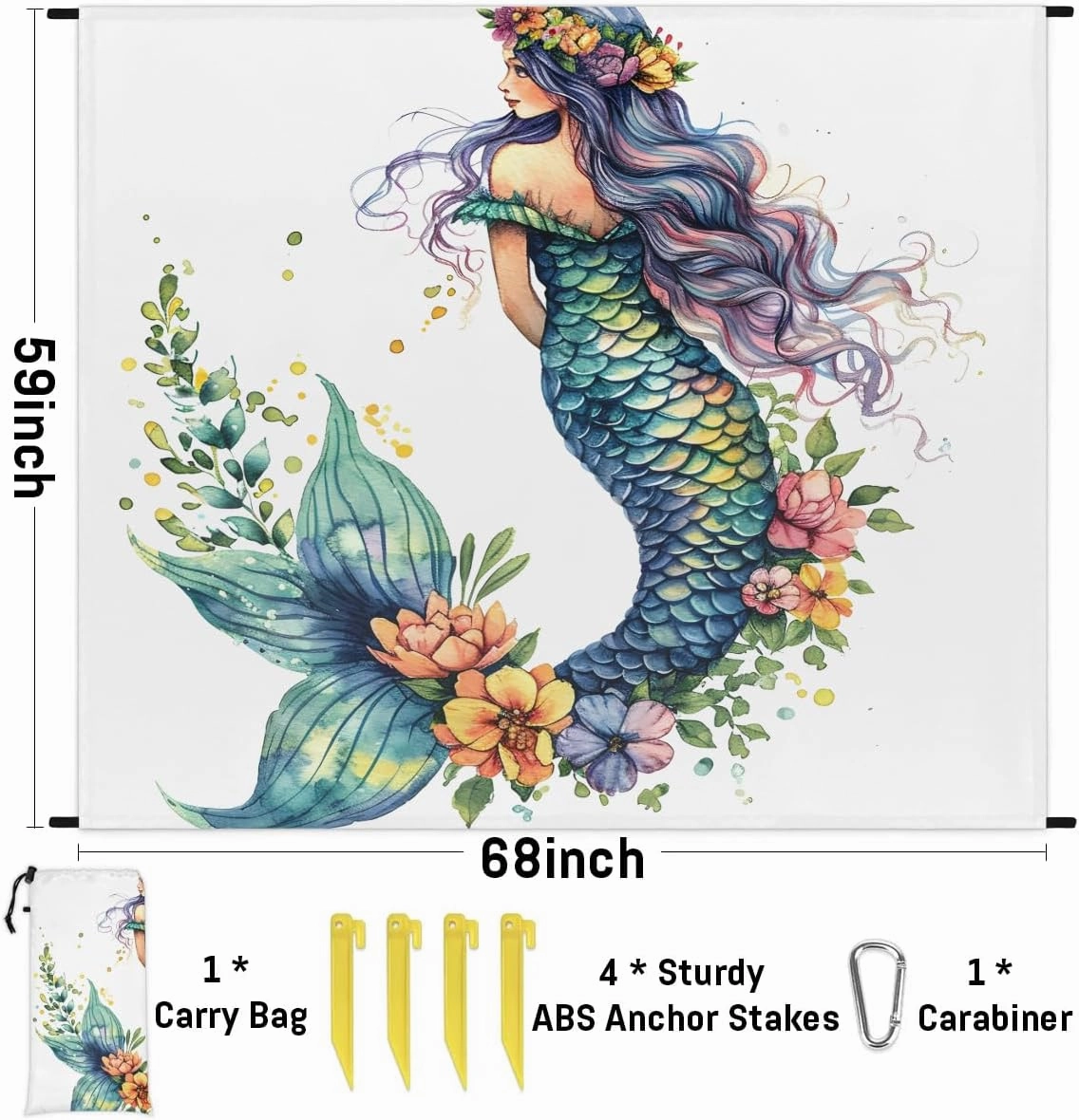 Mermaid Beach Blanket, Sandproof Beach Mat, 68 x 59 Waterproof Quick Drying Sand Free Mat with 4 x Ground Spikes for Outdoor Travel Camping Hiking, Sea Fish Mermaid