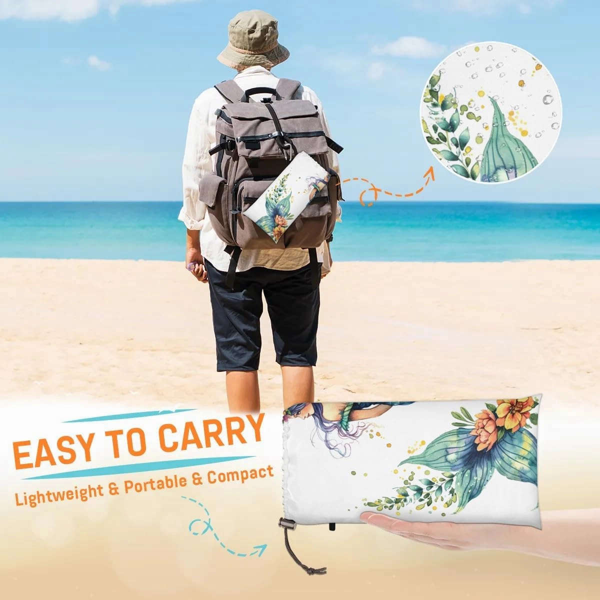 Mermaid Beach Blanket, Sandproof Beach Mat, 68 x 59 Waterproof Quick Drying Sand Free Mat with 4 x Ground Spikes for Outdoor Travel Camping Hiking, Sea Fish Mermaid