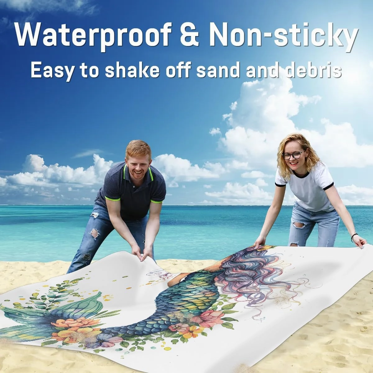 Mermaid Beach Blanket, Sandproof Beach Mat, 68 x 59 Waterproof Quick Drying Sand Free Mat with 4 x Ground Spikes for Outdoor Travel Camping Hiking, Sea Fish Mermaid