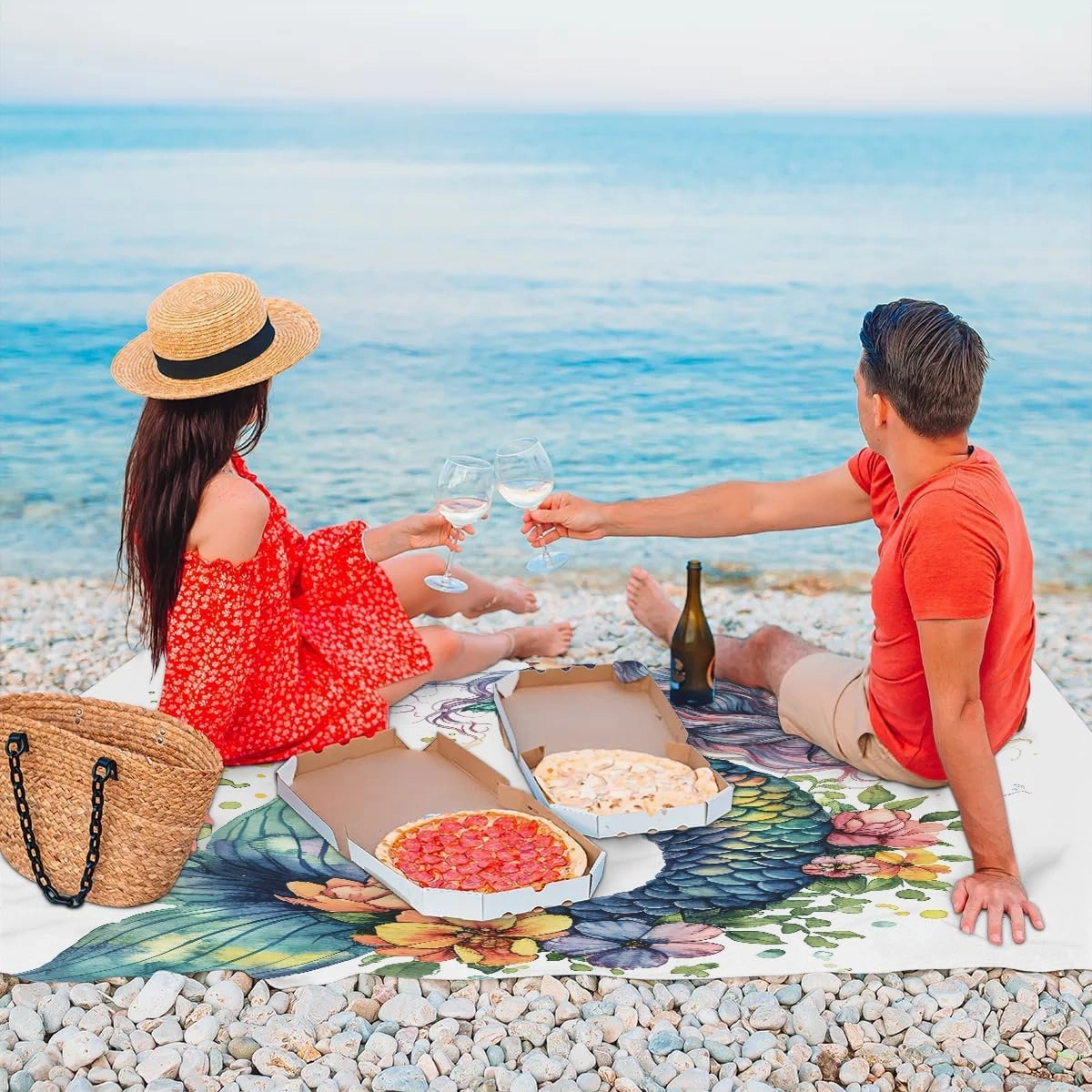 Mermaid Beach Blanket, Sandproof Beach Mat, 68 x 59 Waterproof Quick Drying Sand Free Mat with 4 x Ground Spikes for Outdoor Travel Camping Hiking, Sea Fish Mermaid