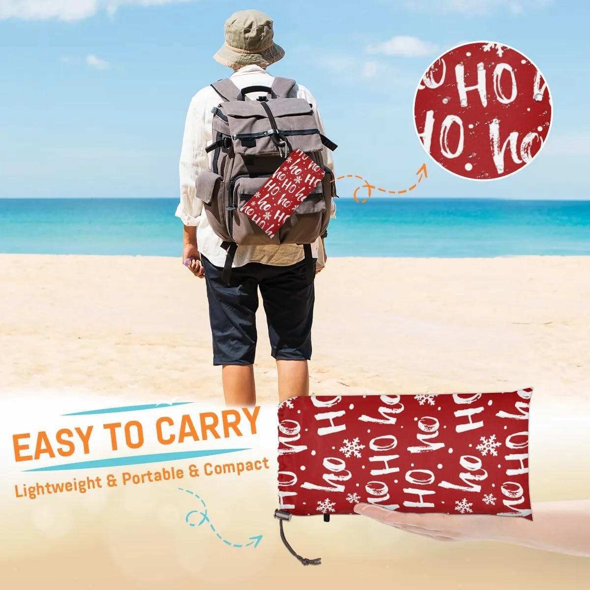 Merry Christmas Beach Blanket, Sandproof Beach Mat, 68 x 59 Waterproof Quick Drying Sand Free Mat with 4 x Ground Spikes for Outdoor Travel Camping Hiking, Snowflake Ho