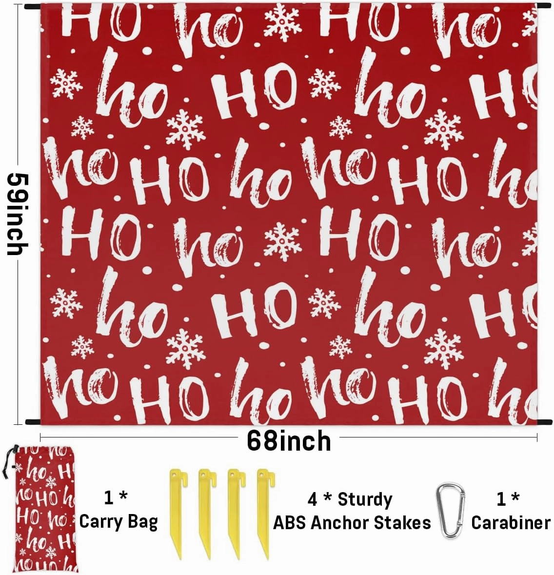 Merry Christmas Beach Blanket, Sandproof Beach Mat, 68 x 59 Waterproof Quick Drying Sand Free Mat with 4 x Ground Spikes for Outdoor Travel Camping Hiking, Snowflake Ho