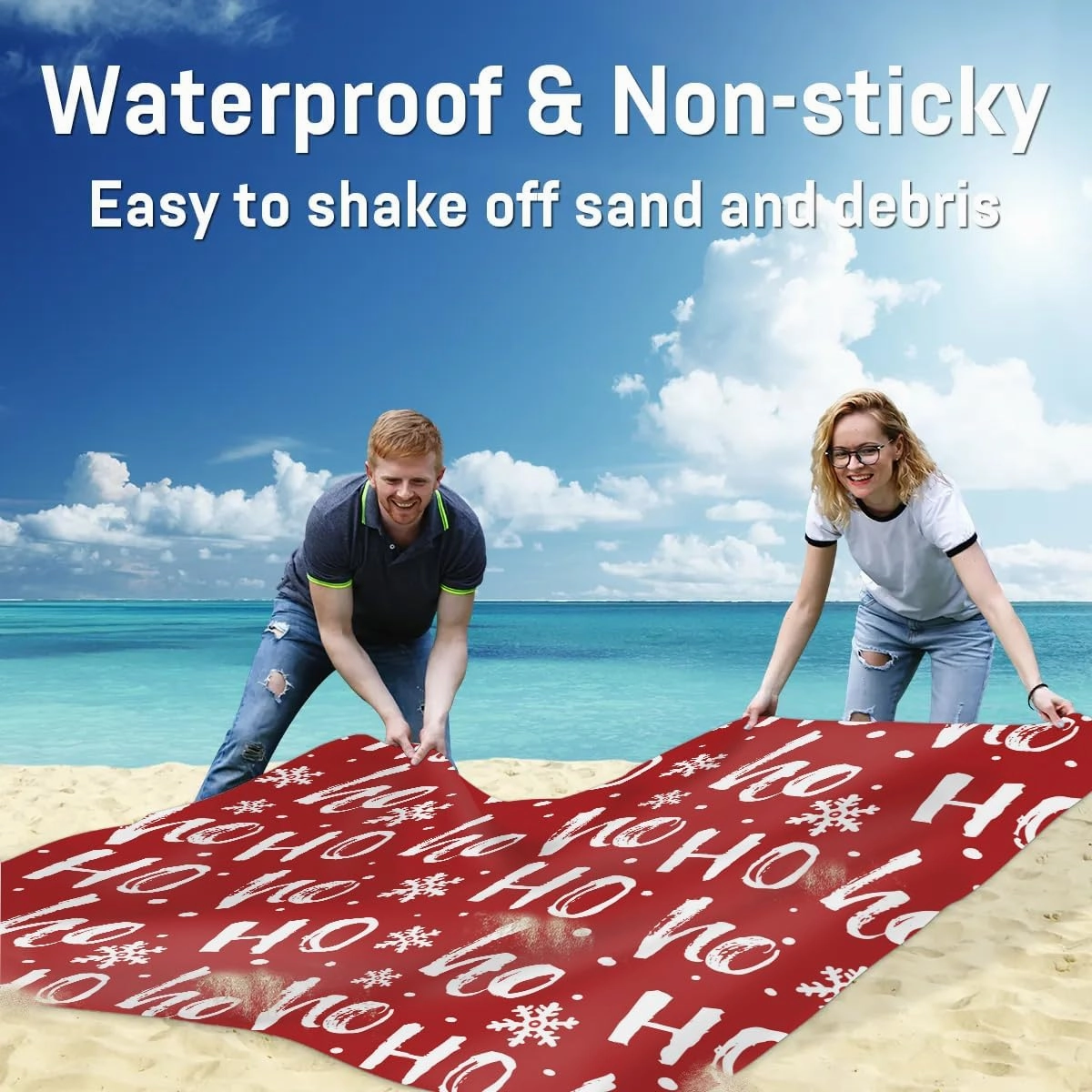 Merry Christmas Beach Blanket, Sandproof Beach Mat, 68 x 59 Waterproof Quick Drying Sand Free Mat with 4 x Ground Spikes for Outdoor Travel Camping Hiking, Snowflake Ho