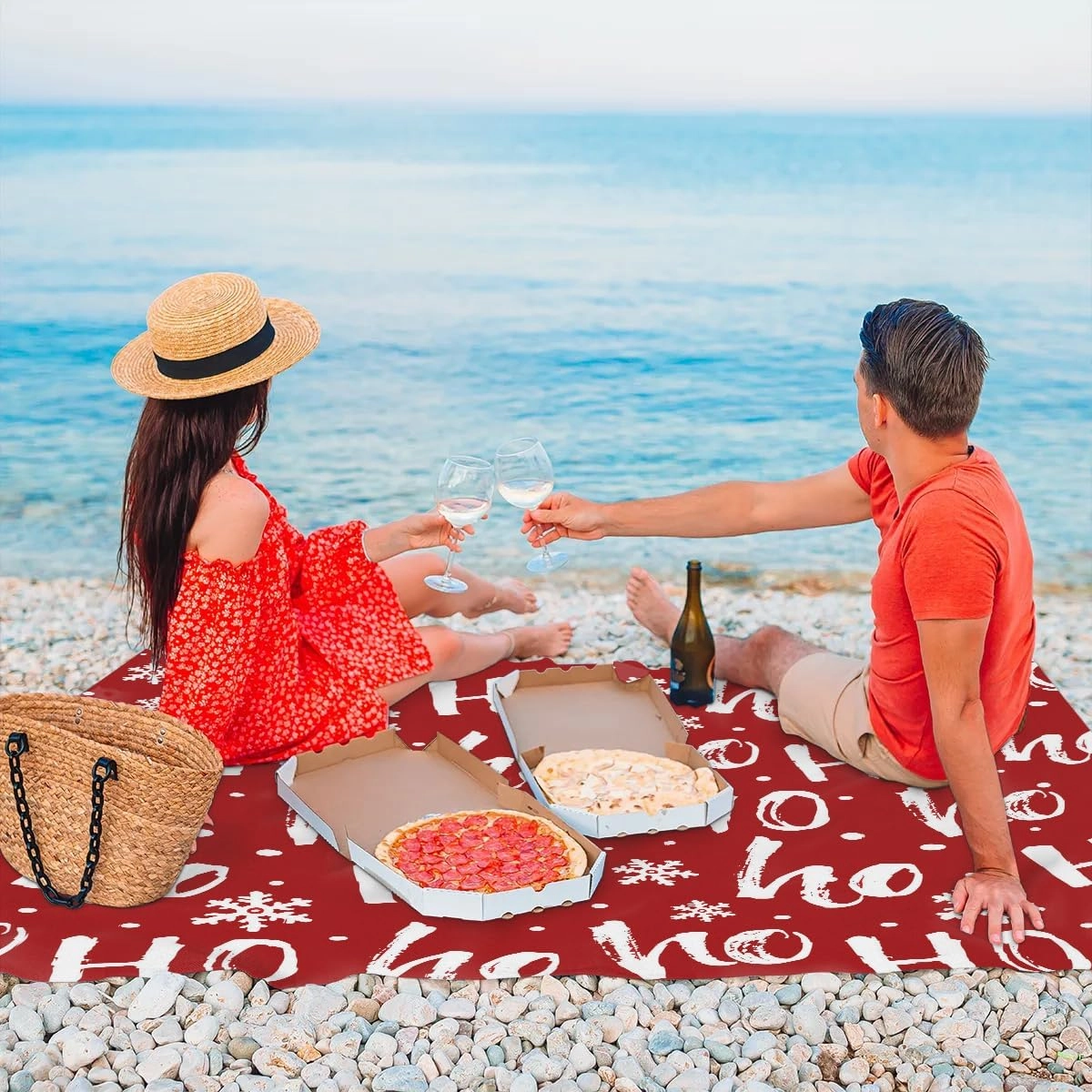 Merry Christmas Beach Blanket, Sandproof Beach Mat, 68 x 59 Waterproof Quick Drying Sand Free Mat with 4 x Ground Spikes for Outdoor Travel Camping Hiking, Snowflake Ho