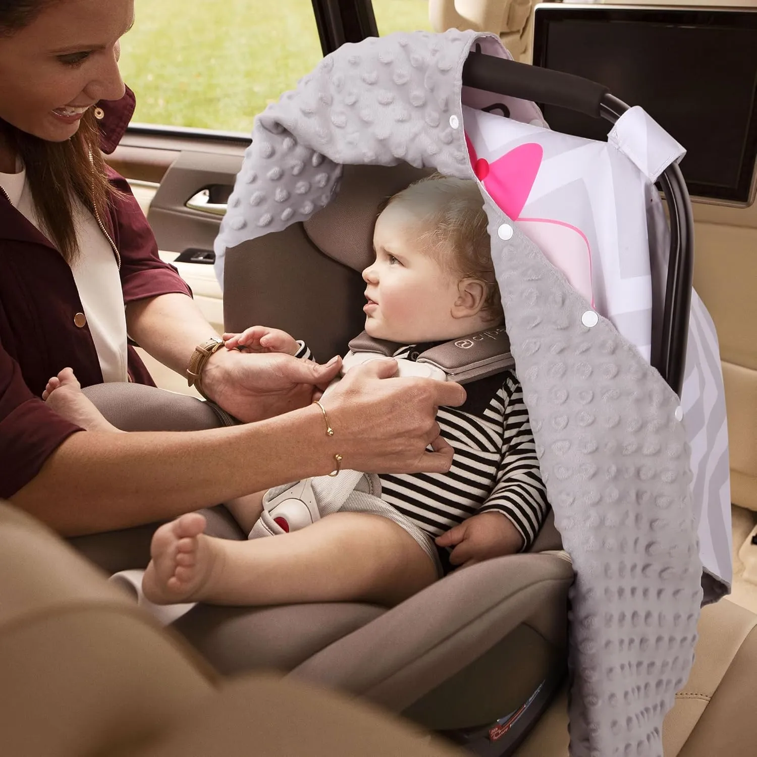 Metplus 2 in 1 Baby Car Seat Cover, Car Seat Canopy for Babies, Mom Nursing Cover, Minky Baby Carrier Covers, Newborn Boy Girl Shower Gift, Peekaboo Opening & No Touch Sign, Grey Stripes