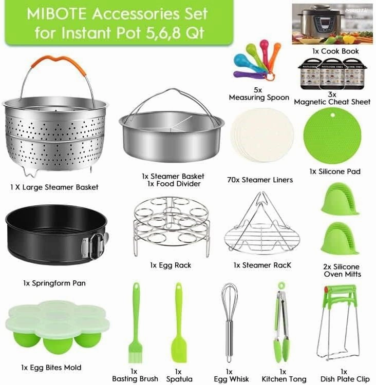 MIBOTE 98 Pcs Accessories Set for Instant Pot 5,6,8 Qt, 2 Steamer Baskets, Springform Pan, Egg Steamer Rack, Egg Bites Mold, Kitchen Tong, Silicone Pad, Oven Mitts, Cheat Sheet Magnet, and etc