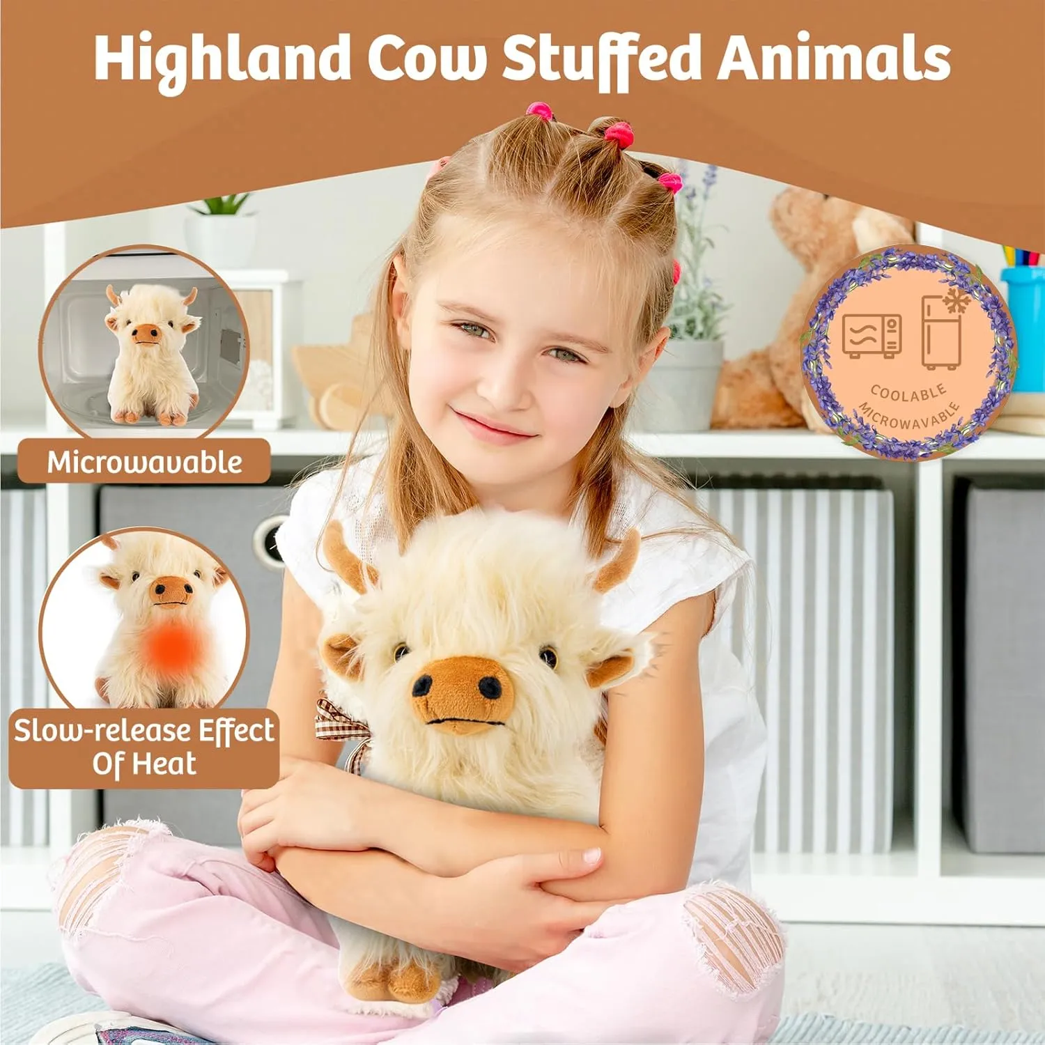 Microwaveable Highland Cow Stuffed Animal Toy - White Stuffed Animal Gift for Girls and Kids