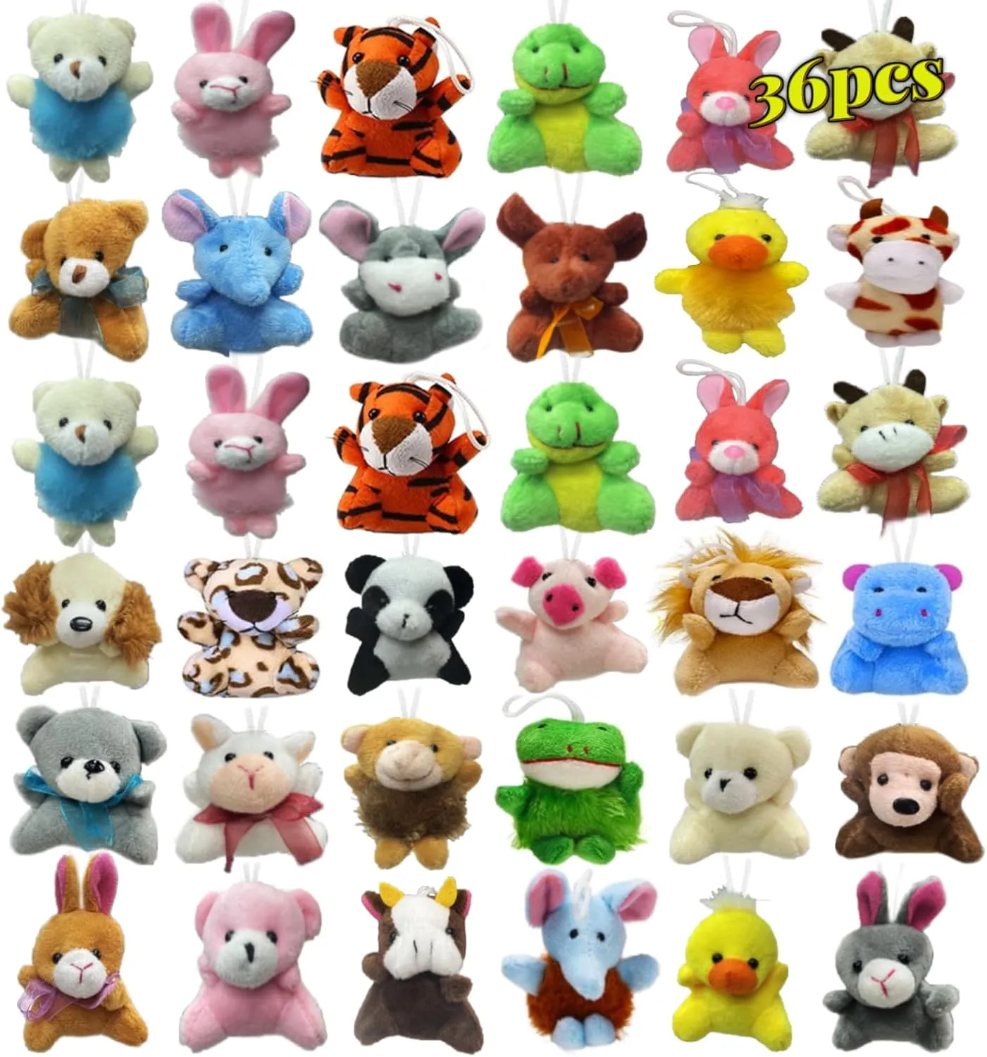 Mini Plush Animal Toy Set,Cute Animals Keychain Decoration for Kids,Goodie Bag Fillers, Basket Stuffers, School Prizes, Valentine's Day Party Supplies (36pcs)