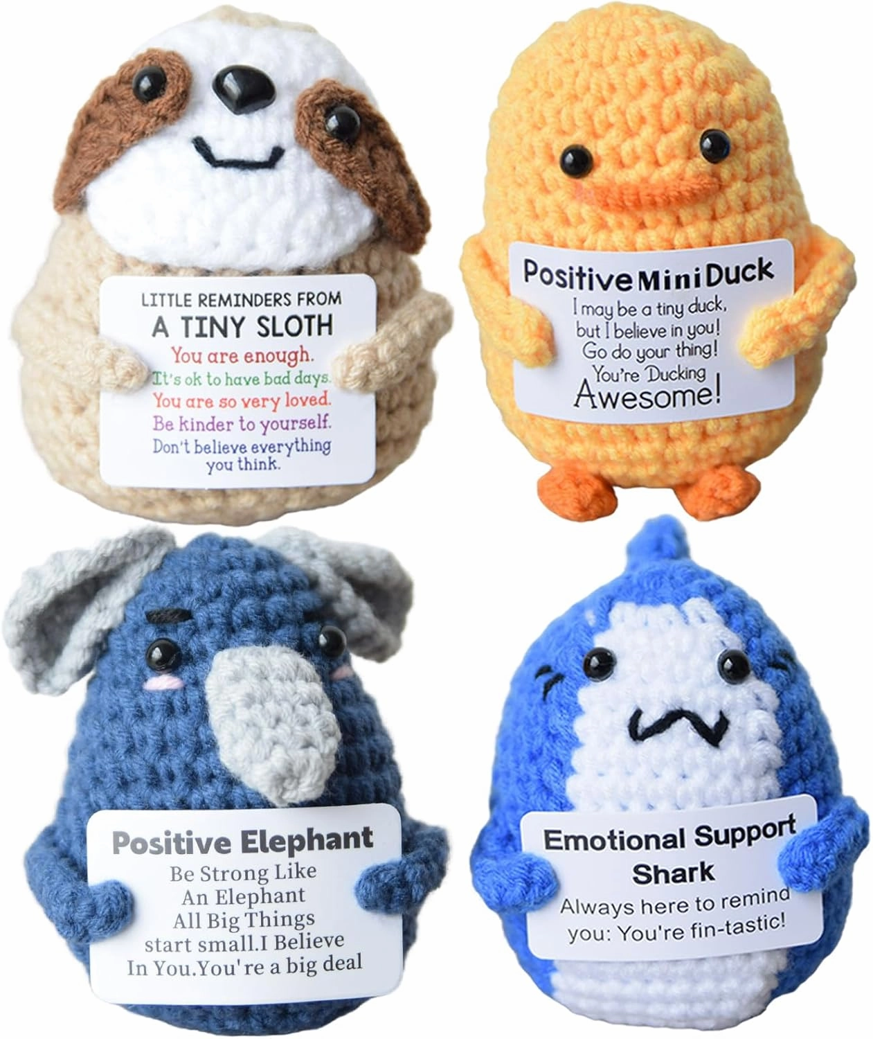 Mini Cute Positive Crochet Animals - Inspirational Gifts for Mental Health & Emotional Support - Handmade Duck, Sloth, Shark, & Elephant for Women, Men, Birthday, Graduation, & Christmas Decor