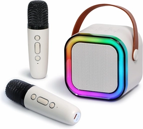 Mini Karaoke Machine for Kids and Adults, with 2 Wireless Microphones and Lights, Compatible with All Smartphones, Party Essential Toy (Beige)
