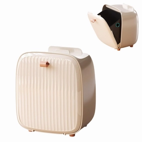 Mini Trash Can with Lid, Practical Small Garbage Can with Phone Holder, Creative Luggage Appearance, Plastic Trash Bin, Countertop Wastebasket for Bathroom,Office,Kitchen,Coffee Table (Beige)