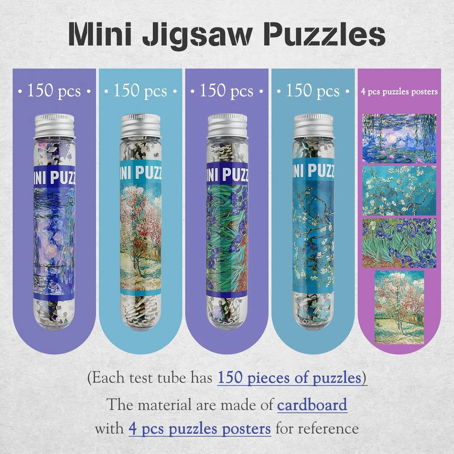 MISITU Small Jigsaw Puzzles for Adults Challenging Puzzle Small Puzzles Mini Jigsaw Puzzles for Adults 150 Pieces Micro Tiny Puzzle Van Gogh Art Puzzles Travel Puzzle 6 x 4 Inch 4 Packs