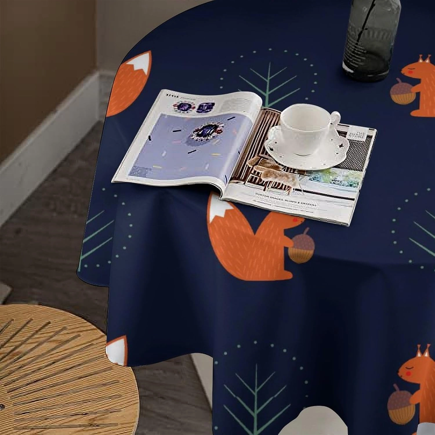 MoBlinko Squirrel Acorn Tree Table Cloth Winter 70x70in Waterproof Round Tablecloth Washable Table Cover for Kitchen Outdoor Party Wedding