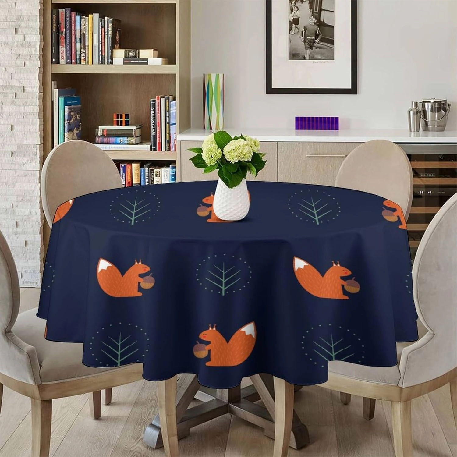 MoBlinko Squirrel Acorn Tree Table Cloth Winter 70x70in Waterproof Round Tablecloth Washable Table Cover for Kitchen Outdoor Party Wedding