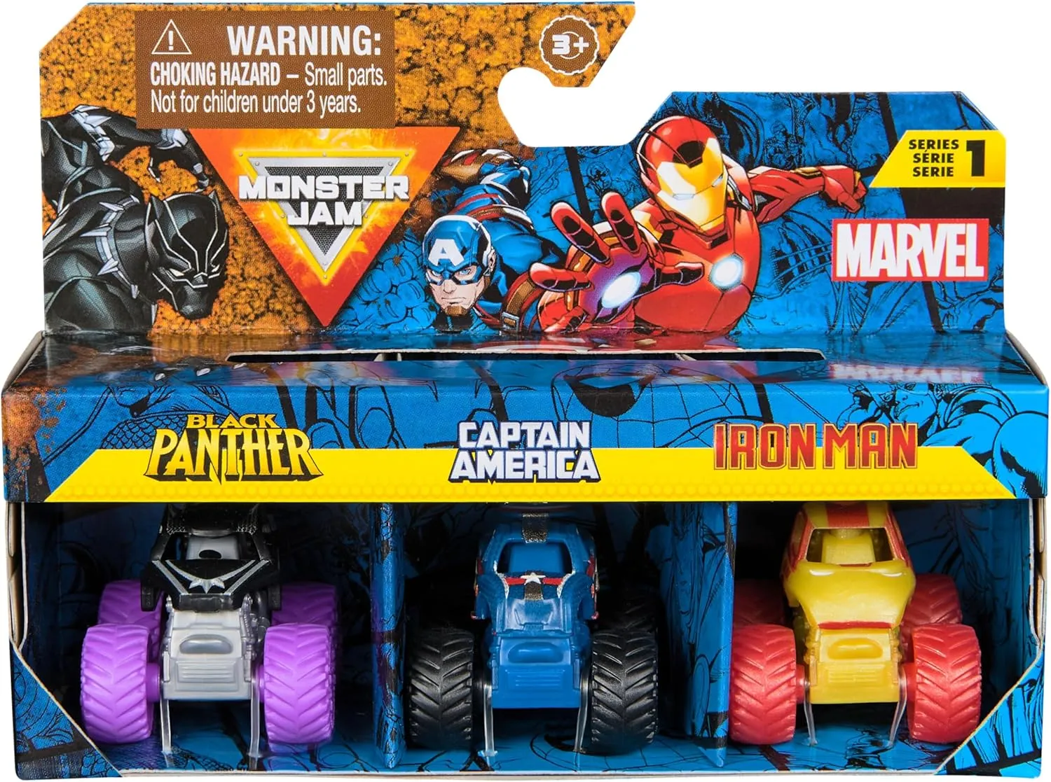 Monster Jam Marvel Mini Truck Set of 3 with Black Panther, Captain America, Iron Man, Scale 1:87, Robust and with Cool Details, for Monster Superhero Action Anywhere, Ages 3 
