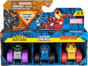 Monster Jam Marvel Mini Truck Set of 3 with Black Panther, Captain America, Iron Man, Scale 1:87, Robust and with Cool Details, for Monster Superhero Action Anywhere, Ages 3 