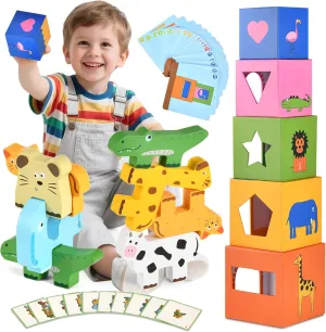 Montessori Stacking Toys for 2 3 4 5 Year Olds with 60  Educational Puzzles Ways to Play - Wooden Animal Number Blocks, Color Recognition & Nesting Boxes Game, Preschool Toddler STEM Learning Gift