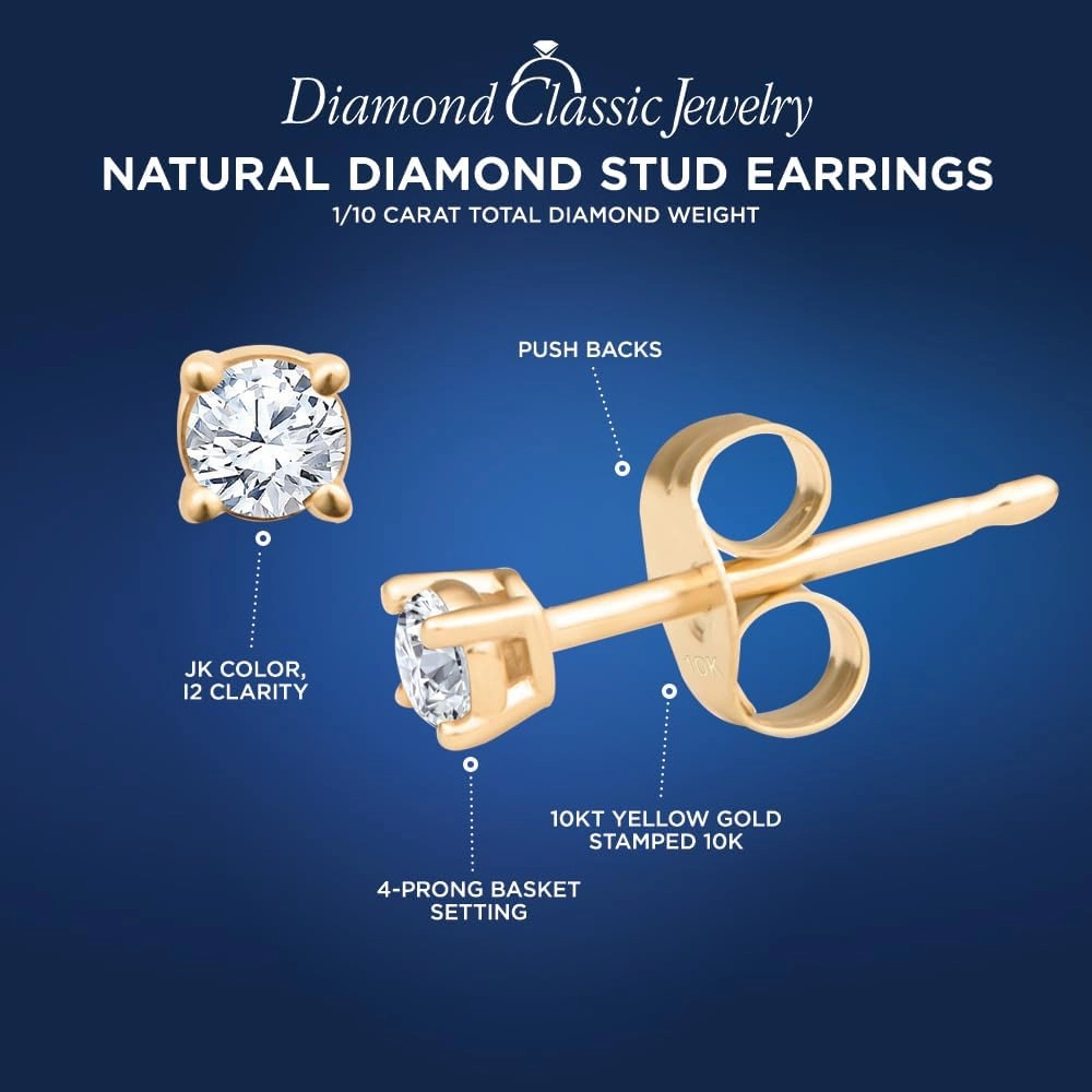 Natural Diamond Stud Earrings 1/10 to 1/4 cttw - 10kt White or Yellow Gold - (J-K Color, I2 Clarity) Push Backs