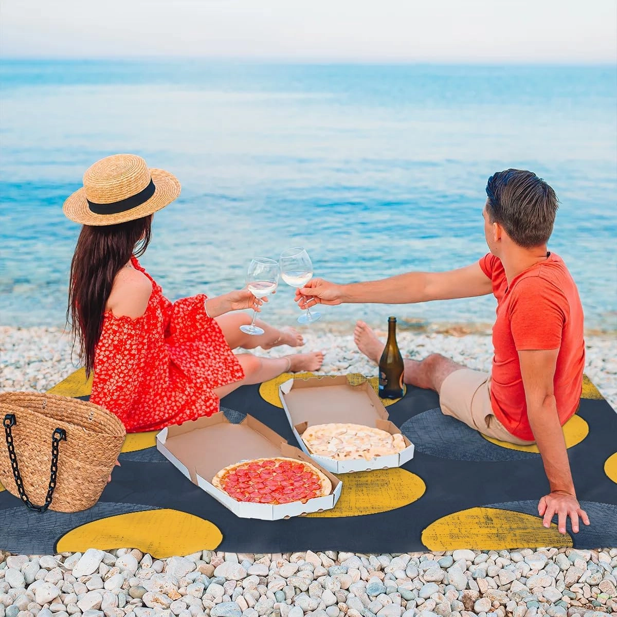 Navy Blue and Yellow Beach Blanket, Sandproof Beach Mat, 68 x 59 Waterproof Quick Drying Sand Free Mat with 4 x Ground Spikes for Outdoor Travel Camping Hiking, Dots