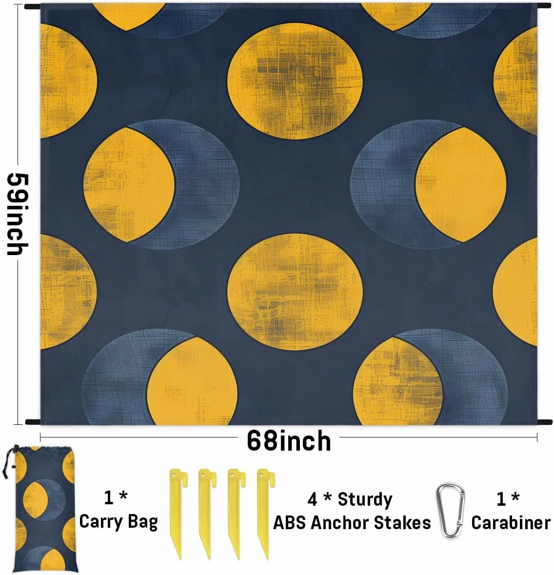 Navy Blue and Yellow Beach Blanket, Sandproof Beach Mat, 68 x 59 Waterproof Quick Drying Sand Free Mat with 4 x Ground Spikes for Outdoor Travel Camping Hiking, Dots