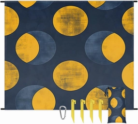 Navy Blue and Yellow Beach Blanket, Sandproof Beach Mat, 68 x 59 Waterproof Quick Drying Sand Free Mat with 4 x Ground Spikes for Outdoor Travel Camping Hiking, Dots