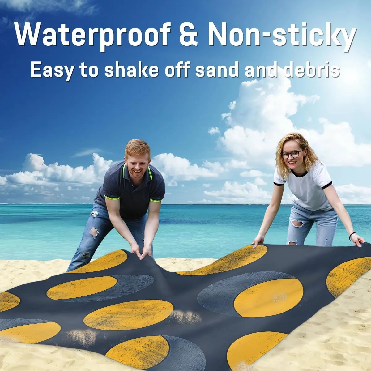 Navy Blue and Yellow Beach Blanket, Sandproof Beach Mat, 68 x 59 Waterproof Quick Drying Sand Free Mat with 4 x Ground Spikes for Outdoor Travel Camping Hiking, Dots