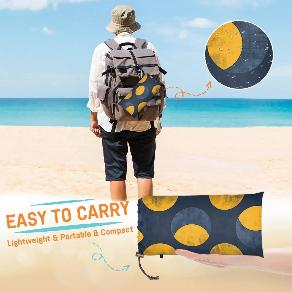 Navy Blue and Yellow Beach Blanket, Sandproof Beach Mat, 68 x 59 Waterproof Quick Drying Sand Free Mat with 4 x Ground Spikes for Outdoor Travel Camping Hiking, Dots