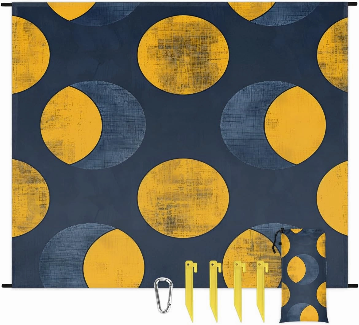 Navy Blue and Yellow Beach Blanket, Sandproof Beach Mat, 68 x 59 Waterproof Quick Drying Sand Free Mat with 4 x Ground Spikes for Outdoor Travel Camping Hiking, Dots