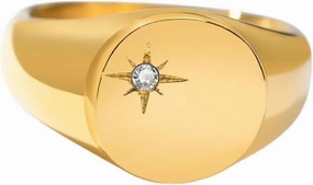 New 2026 Women Fashion Star Signet Rings, Gold Color Solid Metal Square Round Top Stamp Cz Stone Band, Chic Cool Jewelry Luxury Accessories Creative Gift