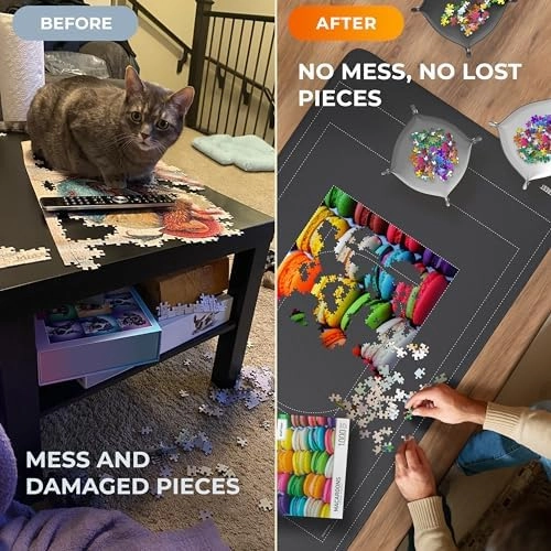 Newverest Jigsaw Puzzle Mat Roll Up, Saver Pad 55” x 35.5” Portable Keeper Up to 3000 Pieces with Non-Slip Rubber Bottom and Polyester Top   3 Puzzle Sorting Trays, Travel-Friendly Storage Bag