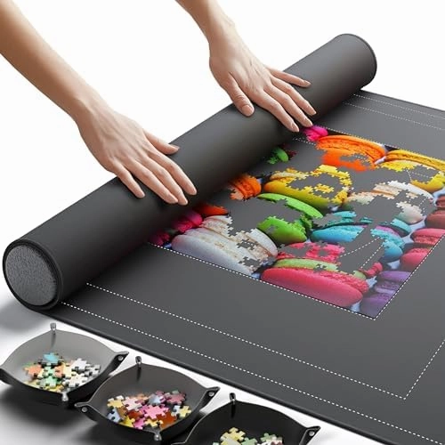 Newverest Jigsaw Puzzle Mat Roll Up, Saver Pad 55” x 35.5” Portable Keeper Up to 3000 Pieces with Non-Slip Rubber Bottom and Polyester Top   3 Puzzle Sorting Trays, Travel-Friendly Storage Bag