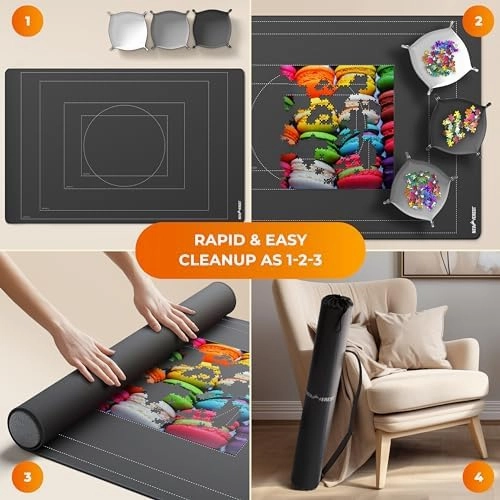 Newverest Jigsaw Puzzle Mat Roll Up, Saver Pad 55” x 35.5” Portable Keeper Up to 3000 Pieces with Non-Slip Rubber Bottom and Polyester Top   3 Puzzle Sorting Trays, Travel-Friendly Storage Bag