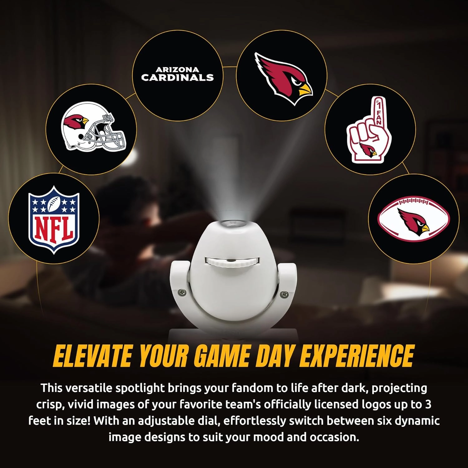 NFL American Football Arizona Cardinals - Adjustable Led Mini Spotlight Projector with 6 Team Logo Designs - Portable & Rechargeable Spotlight - Battery-Operated - 4.375” x 3.125”